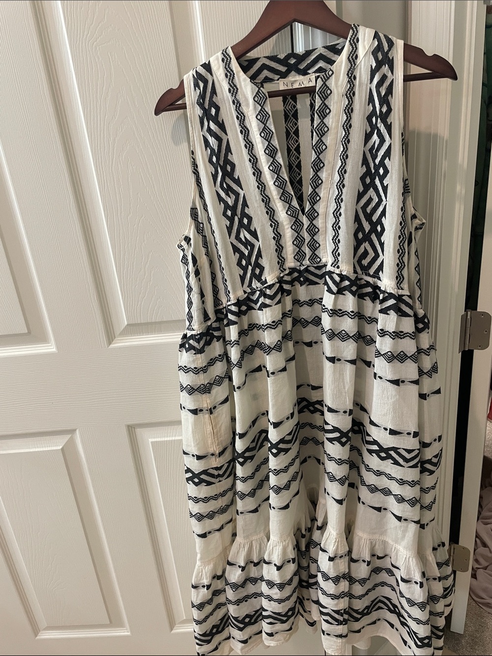 NEMA Resort wear Sleeveless Black & White Gloria Embroidered Tiered Midi Dress
